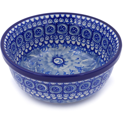 Polish Pottery Bowl 6&quot; Blue Chrysanthemums UNIKAT