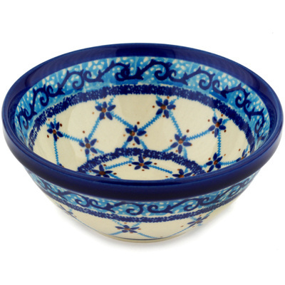 Polish Pottery Bowl 6&quot; Blue Daisy Lattice