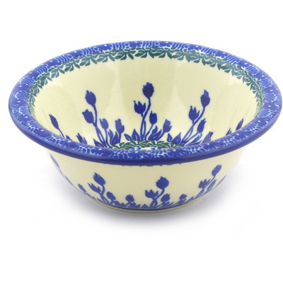Polish Pottery Bowl 6&quot; Blue Tulips On White