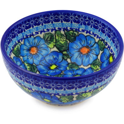 Polish Pottery Bowl 6&quot; Bold Blue Poppies UNIKAT