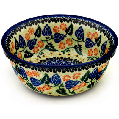 Polish Pottery Bowl 6&quot; Emerald Lupines UNIKAT