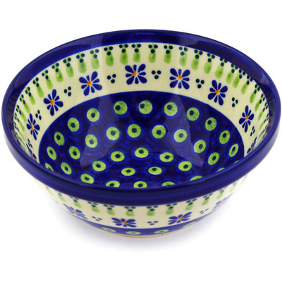 Polish Pottery Bowl 6&quot; Green Gingham Peacock