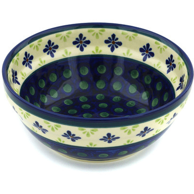 Polish Pottery Bowl 6&quot; Green Gingham Peacock