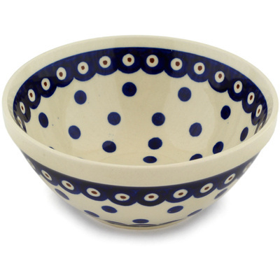 Polish Pottery Bowl 6&quot; Peacock Dots