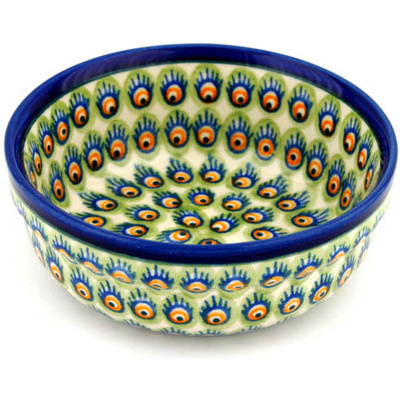 Polish Pottery Bowl 6&quot; Peacock Feathers