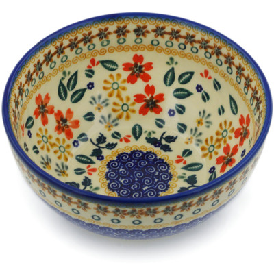 Polish Pottery Bowl 6&quot; Red Anemone Meadow UNIKAT