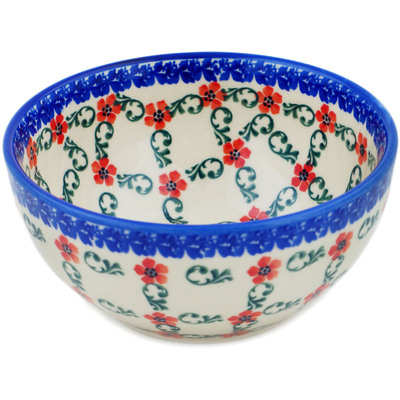 Polish Pottery Bowl 6&quot; Red Flower Lattice
