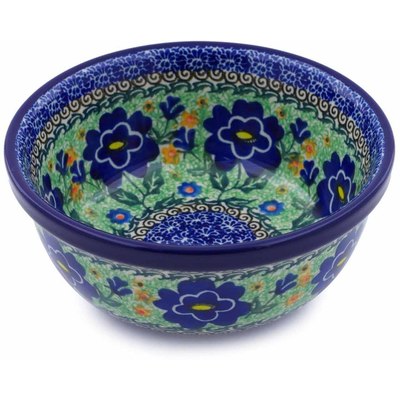 Polish Pottery Bowl 6&quot; Sapphire Pansies UNIKAT