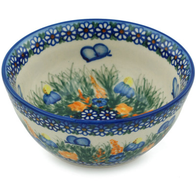 Polish Pottery Bowl 6&quot; Wildflowers And Butterflies UNIKAT