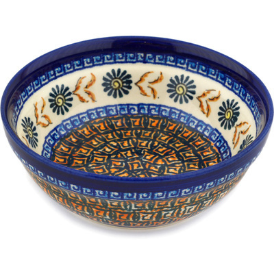 Polish Pottery Bowl 7&quot; Brown Floral Mosaic UNIKAT