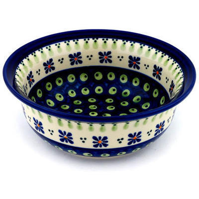 Polish Pottery Bowl 7&quot; Green Gingham Peacock