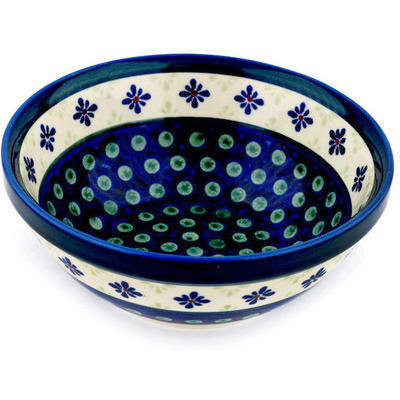Polish Pottery Bowl 7&quot; Green Gingham Peacock
