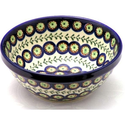 Polish Pottery Bowl 7&quot; Green Laurel Peacock