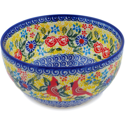 Polish Pottery Bowl 7&quot; Lovely Cardinals UNIKAT