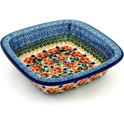 Polish Pottery Bowl 7&quot; Orange Pansy Stars UNIKAT