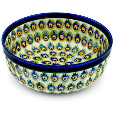 Polish Pottery Bowl 7&quot; Peacock Feathers