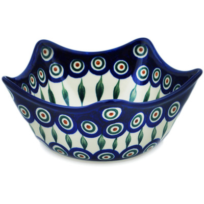 Polish Pottery Bowl 7&quot; Peacock Leaves
