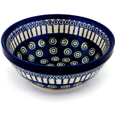 Polish Pottery Bowl 7&quot; Traditional Peacock Swir