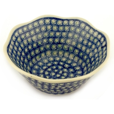 Polish Pottery Bowl 8&quot; Green Peacock Feather