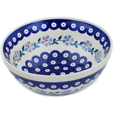 Polish Pottery Bowl 8&quot; Peacock Forget-me-not