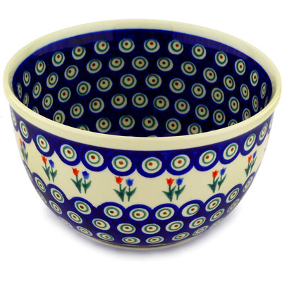 Polish Pottery Bowl 8&quot; Tulip Pair Peacock