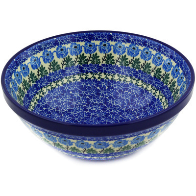 Polish Pottery Bowl 9&quot; Blue Rosette Wreath