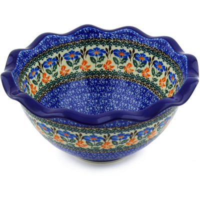 Polish Pottery Bowl 9&quot; Orange And Blue Delight