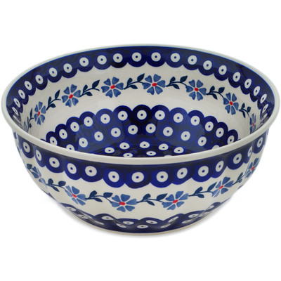 Polish Pottery Bowl 9&quot; Peacock Forget-me-not