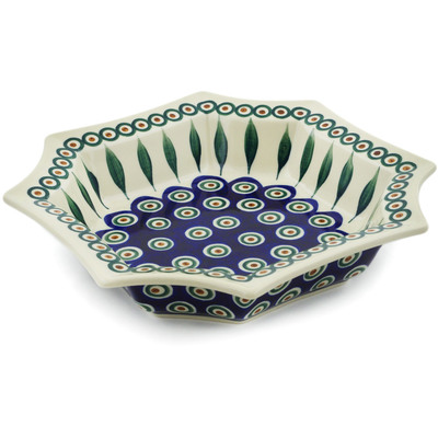 Polish Pottery Bowl 9&quot; Peacock Leaves