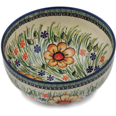 Polish Pottery Bowl 9&quot; Yellow Flower UNIKAT