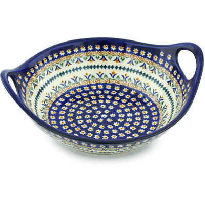 Polish Pottery Bowl with Handles 10&quot; Floral Peacock UNIKAT