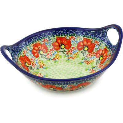 Polish Pottery Bowl with Handles 10&quot; Garden Meadow UNIKAT