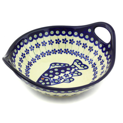 Polish Pottery Bowl with Handles 10&quot; Peacock Fish