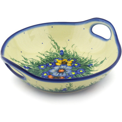 Polish Pottery Bowl with Handles 10&quot; Spring Bouquet UNIKAT