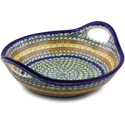 Polish Pottery Bowl with Handles 11&frac12;-inch Autumn Swirls