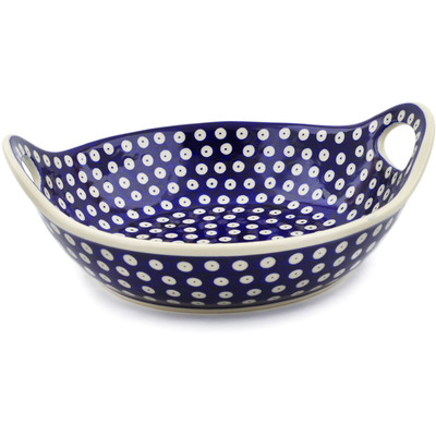 Polish Pottery Bowl with Handles 11&frac12;-inch Blue Eyed Peacock