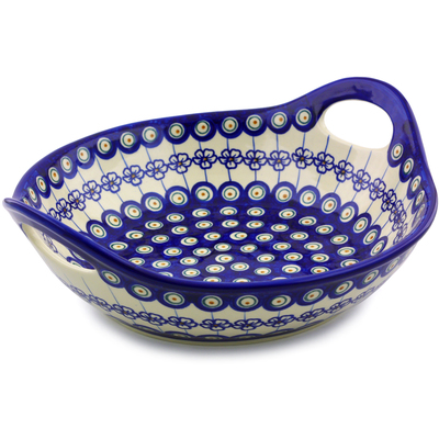 Polish Pottery Bowl with Handles 11&frac12;-inch Flowering Peacock