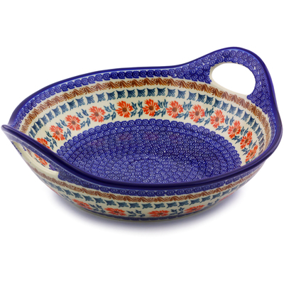 Polish Pottery Bowl with Handles 11&frac12;-inch Red Cornflower