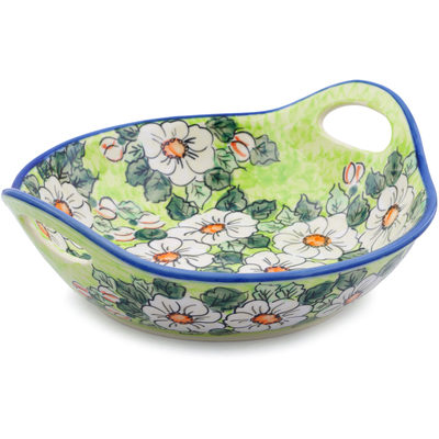 Polish Pottery Bowl with Handles 11&frac12;-inch White Flower Bouquet