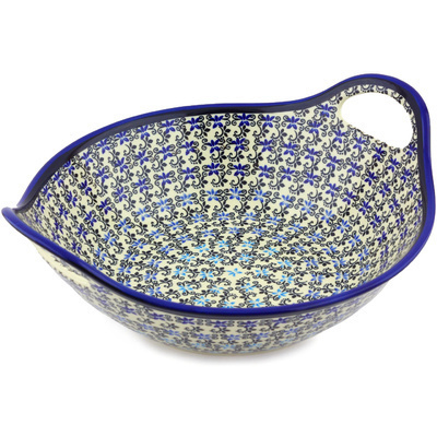Polish Pottery Bowl with Handles 12-inch Black And Blue Lace