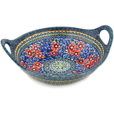 Polish Pottery Bowl with Handles 12-inch Blue And Red Poppies UNIKAT