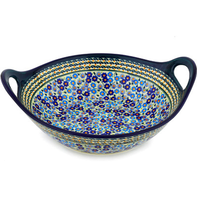 Polish Pottery Bowl with Handles 12-inch Cottage Garden UNIKAT