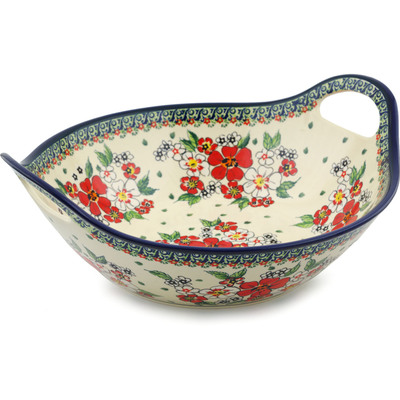 Polish Pottery Bowl with Handles 12-inch Flower Heaven UNIKAT