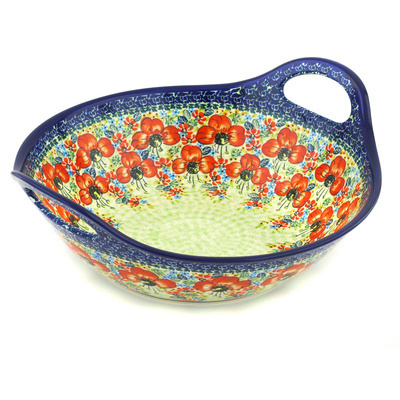 Polish Pottery Bowl with Handles 12-inch Garden Meadow UNIKAT
