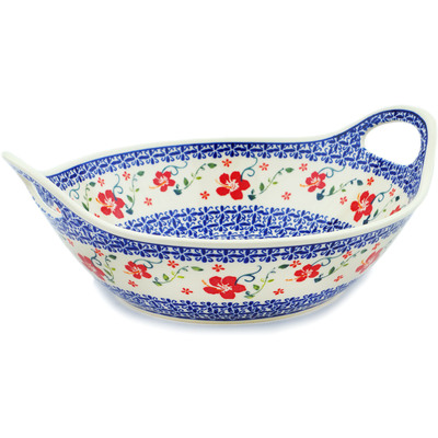 Polish Pottery Bowl with Handles 12-inch Hibiscus Halo