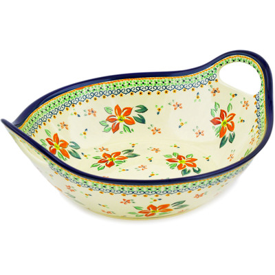 Polish Pottery Bowl with Handles 12-inch Orange Clematis