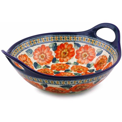 Polish Pottery Bowl with Handles 12-inch Peach Poppies UNIKAT