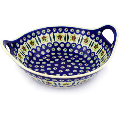 Polish Pottery Bowl with Handles 12-inch Peacock Garden