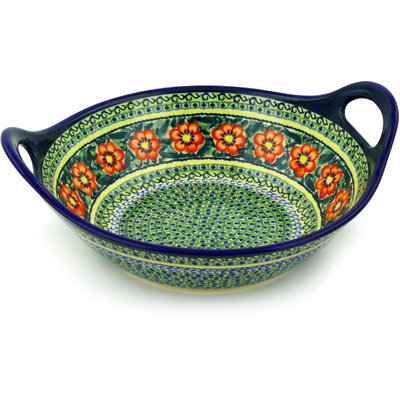 Polish Pottery Bowl with Handles 12-inch Poppies All Around UNIKAT