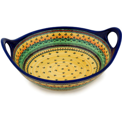 Polish Pottery Bowl with Handles 12-inch Prairie Sunrise UNIKAT